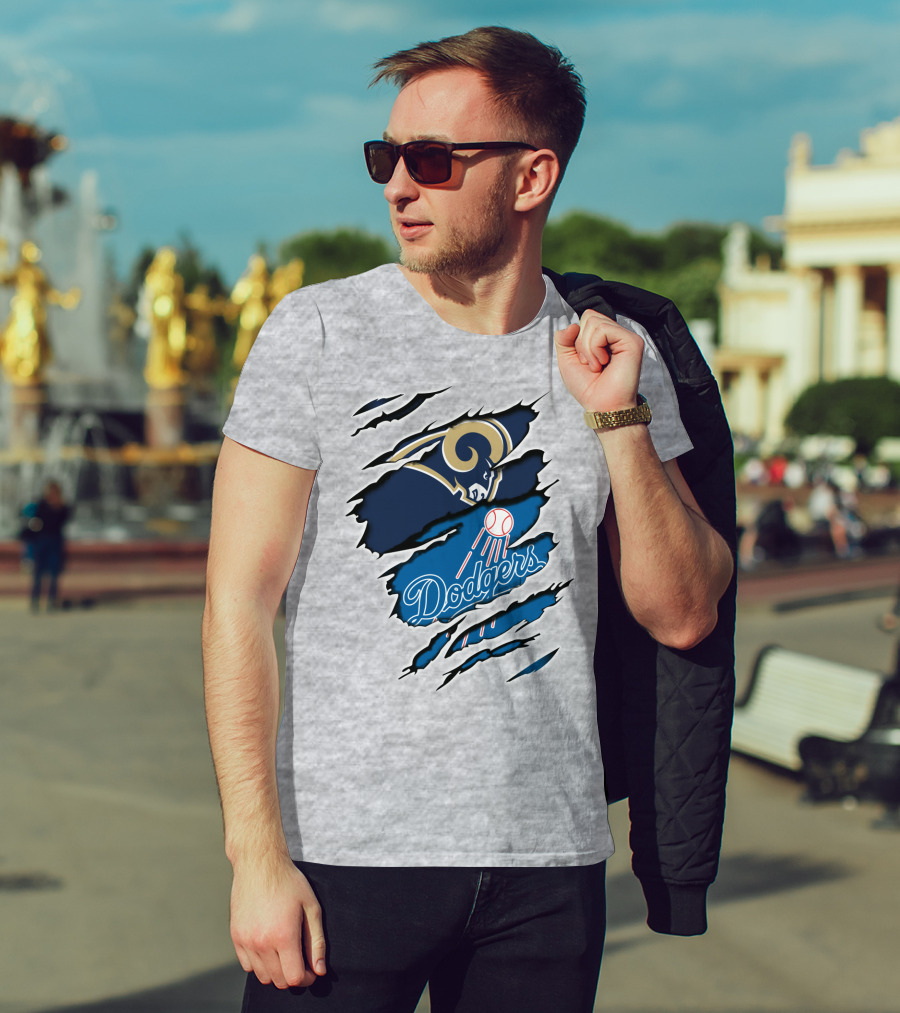Rams Dodgers Scratch Tear Logo Crossover Fusion T-Shirt