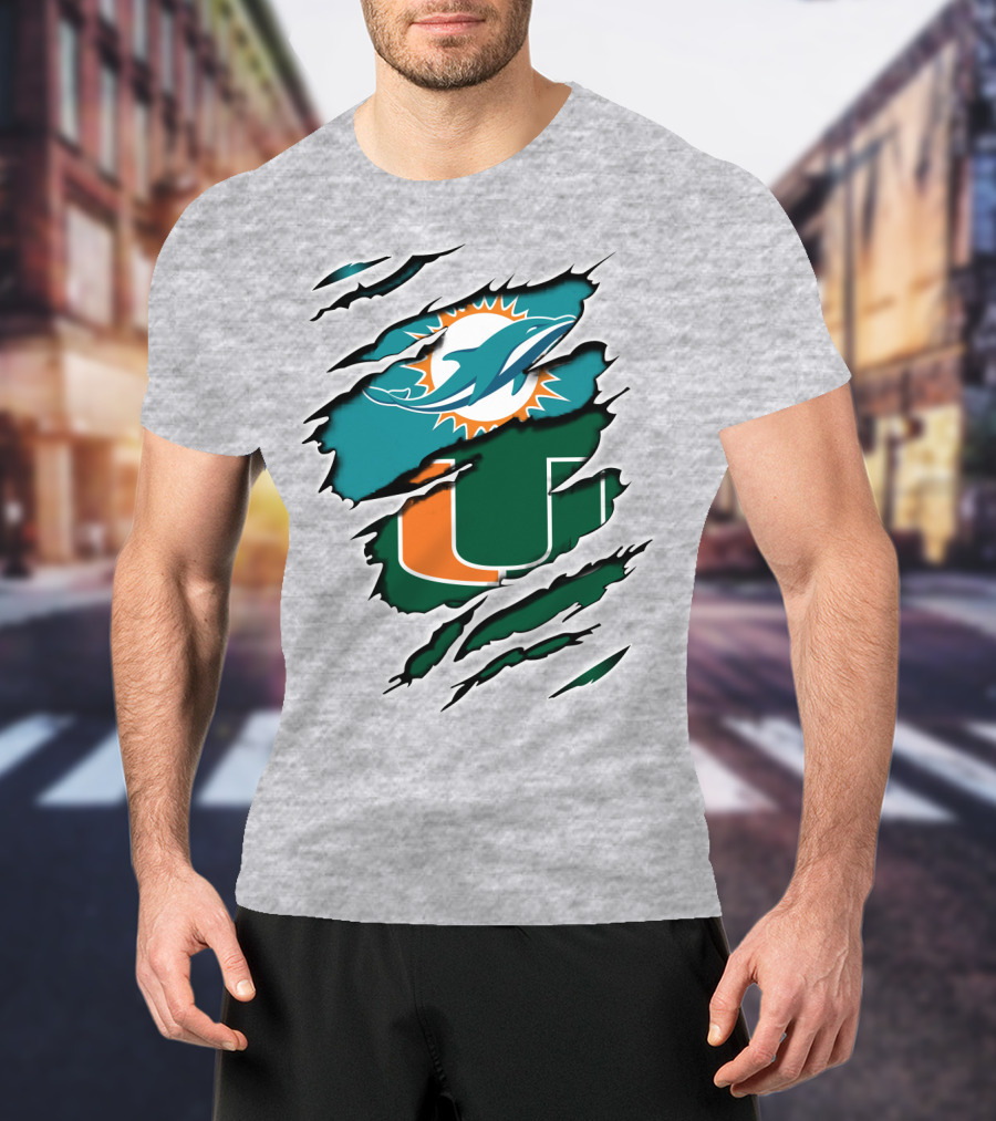Miami Dolphins Miami Hurricanes Fan Torn U Logo Dolphin T-Shirt