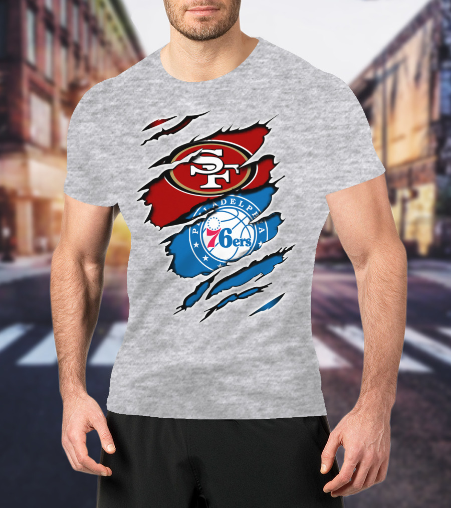 49Ers Sf 76Ers Philadelphia Logos IN Scratched T-Shirt