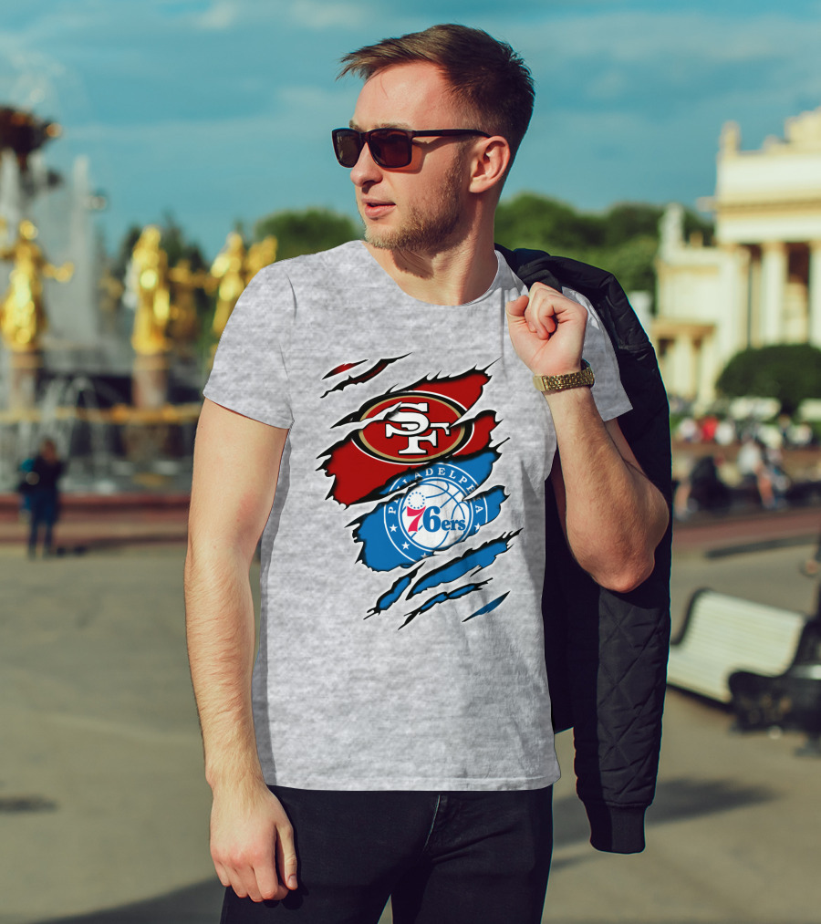 49Ers Sf 76Ers Philadelphia Logos IN Scratched T-Shirt