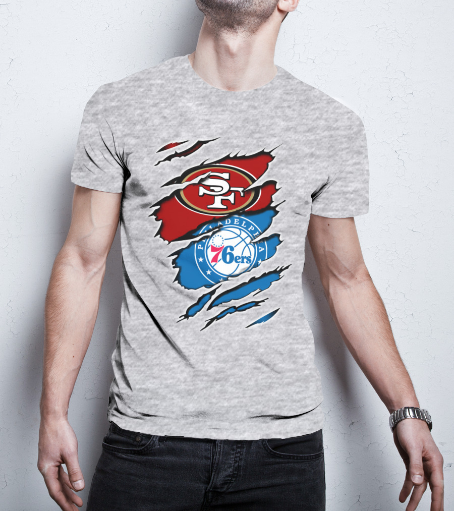 49Ers Sf 76Ers Philadelphia Logos IN Scratched T-Shirt