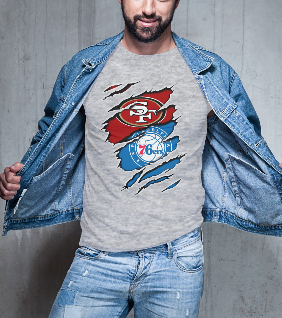 49Ers Sf 76Ers Philadelphia Logos IN Scratched T-Shirt