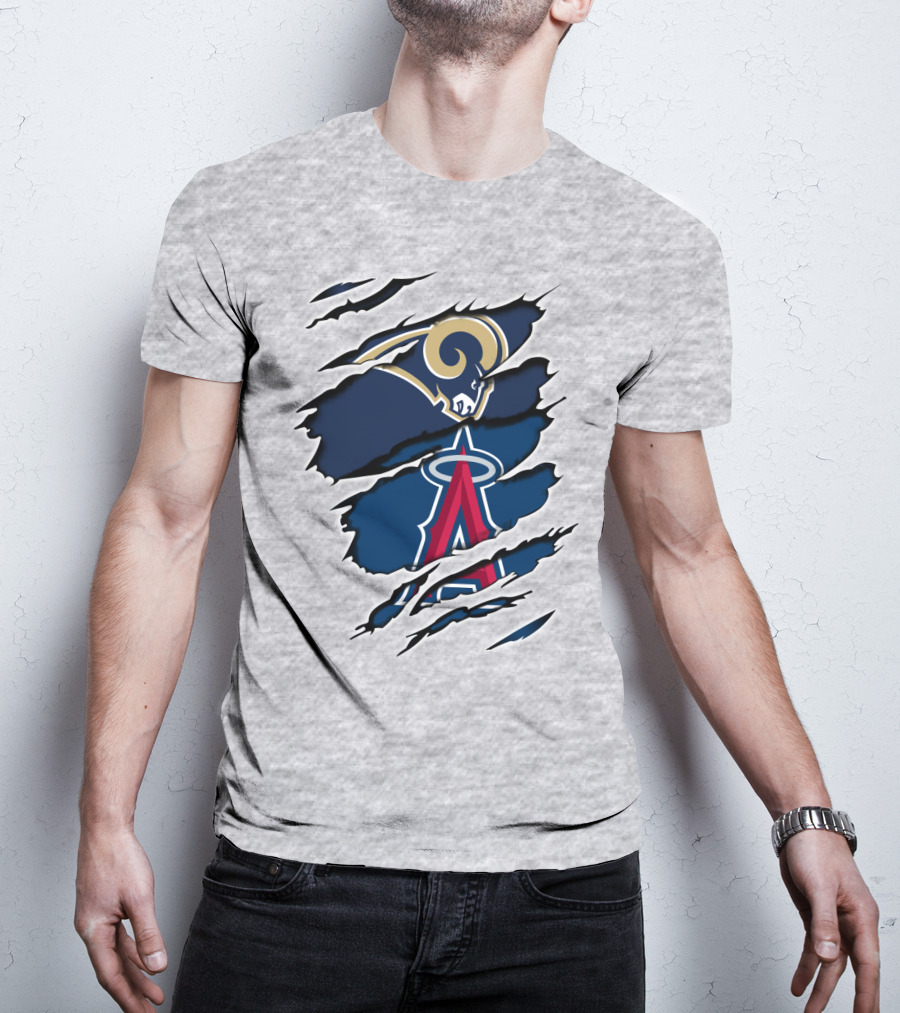 Rams Angels Rams Angles Logo Mashup On Ripped Blue Background T-Shirt