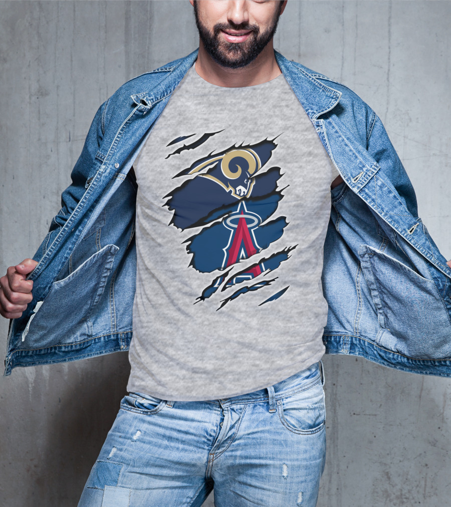 Rams Angels Rams Angles Logo Mashup On Ripped Blue Background T-Shirt