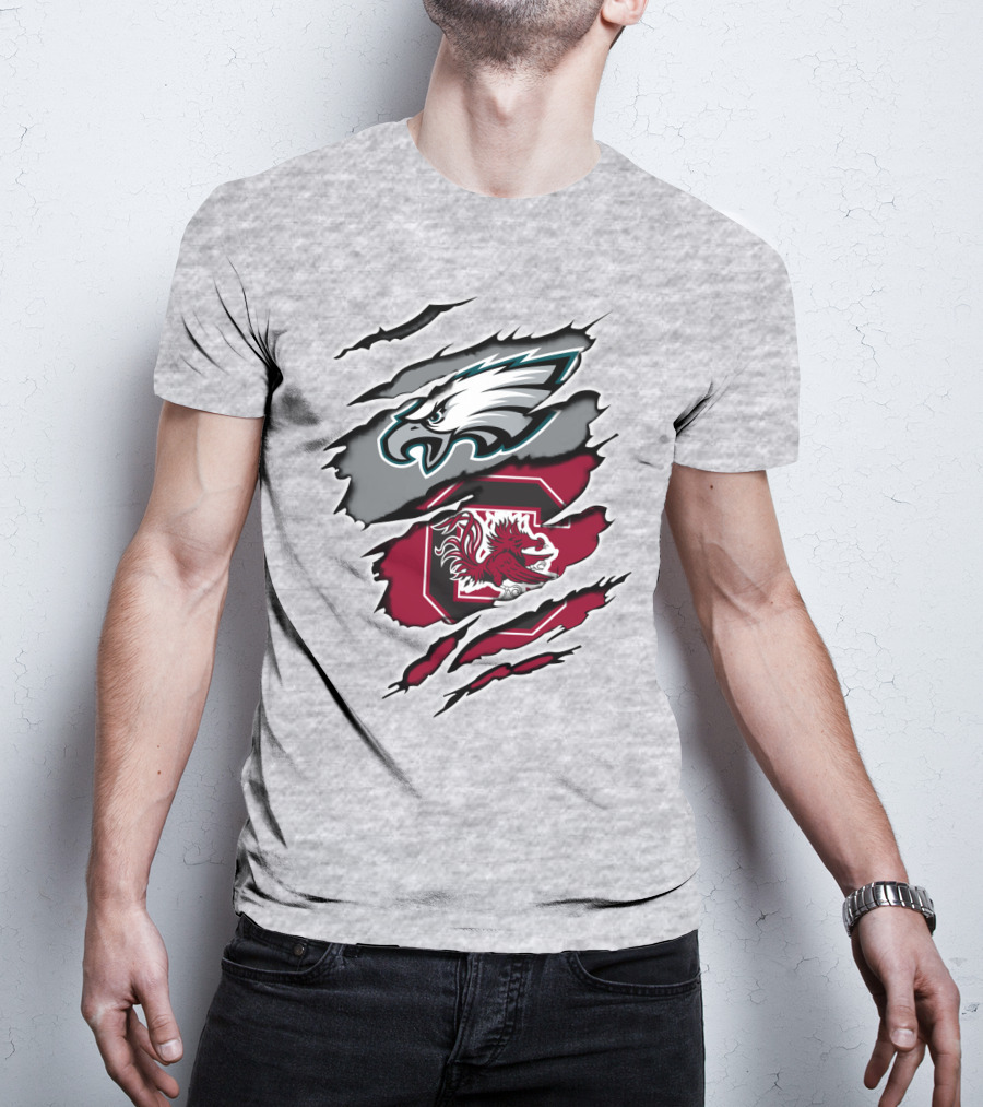Eagles Gamecocks Logo Clash On Ripped Grey Background T-Shirt