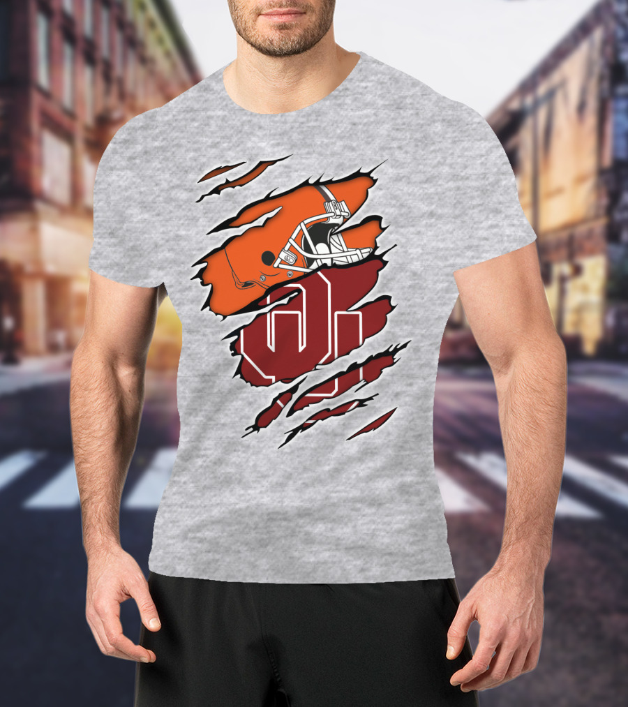 Browns Football Helmet With University Of Oklahoma T-Shirt
