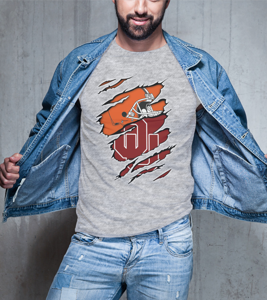 Browns Football Helmet With University Of Oklahoma T-Shirt