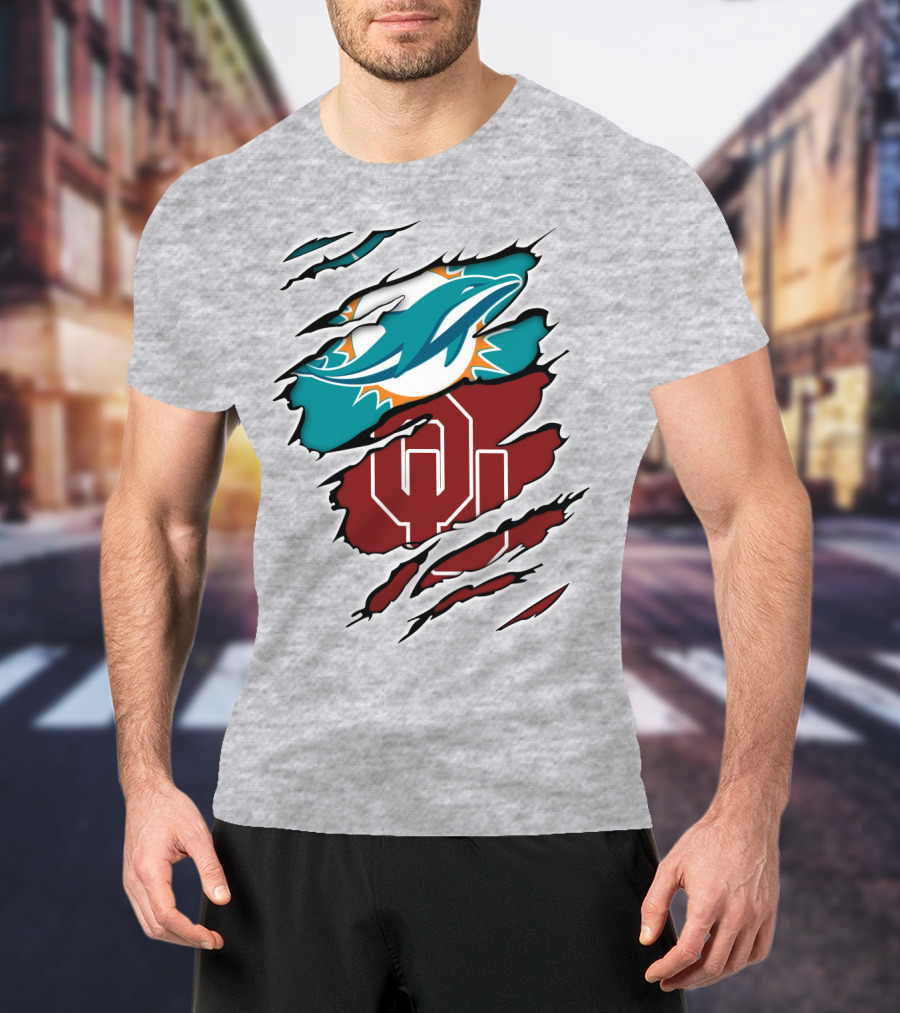 Miami Dolphins Oklahoma Sooners Teal Aqua Crimson Red Blend T-Shirt