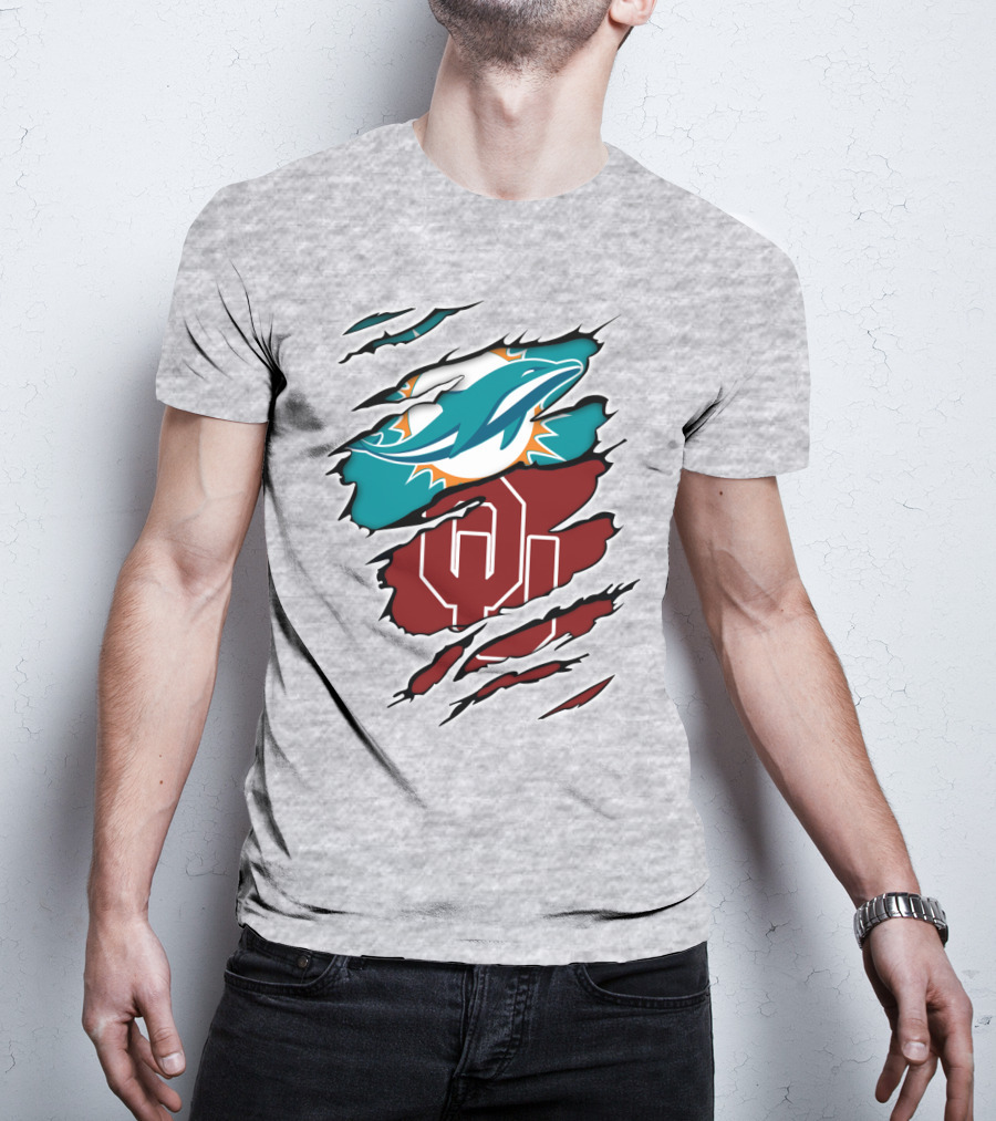 Miami Dolphins Oklahoma Sooners Teal Aqua Crimson Red Blend T-Shirt