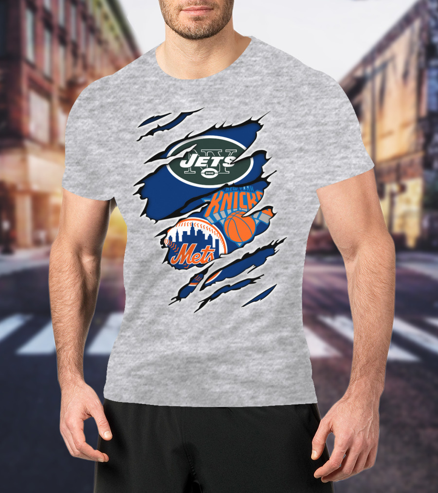 New York Jets Mets Knicks Logo Fusion NFL MLB NBA Team Pride T-Shirt