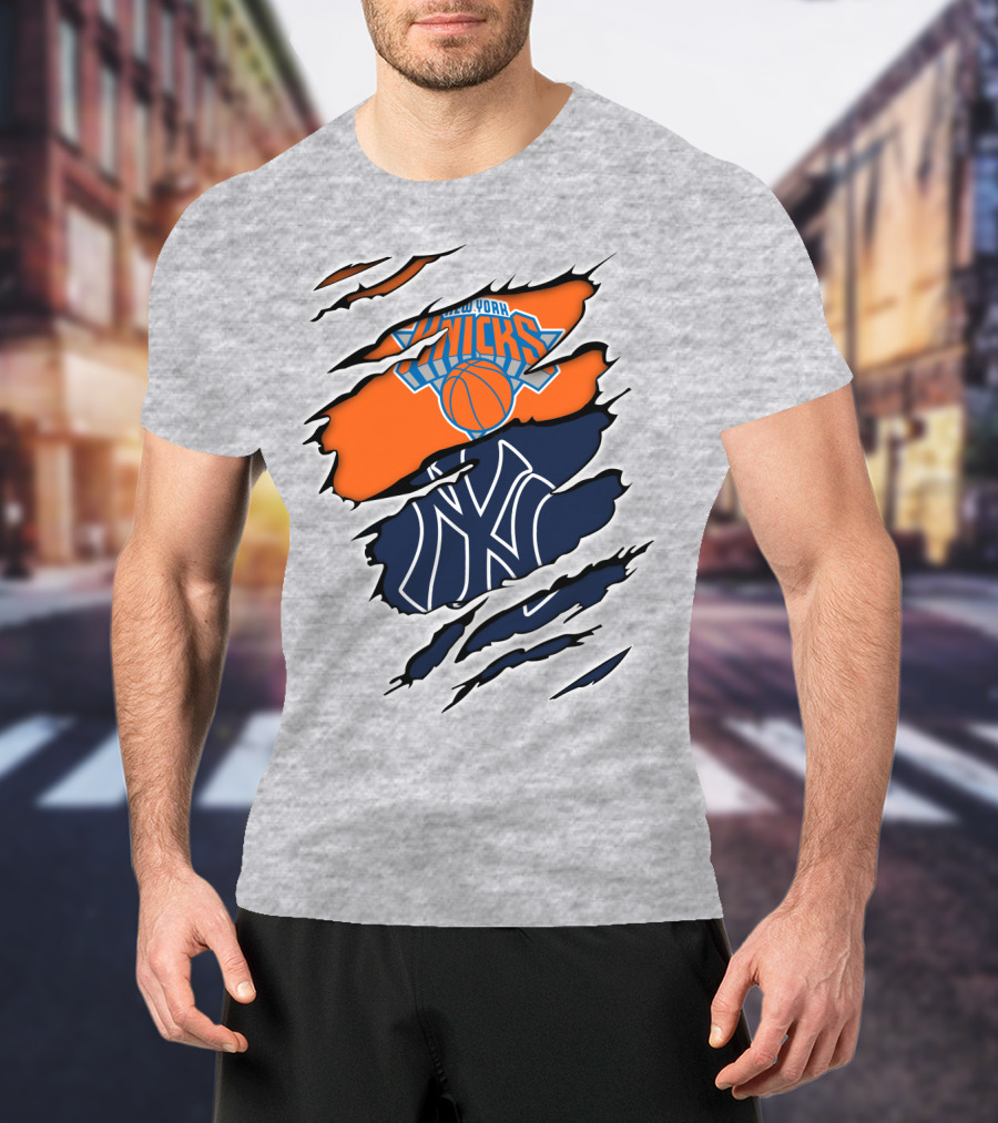 New York Knicks Yankees Torn Logo Fusion T-Shirt