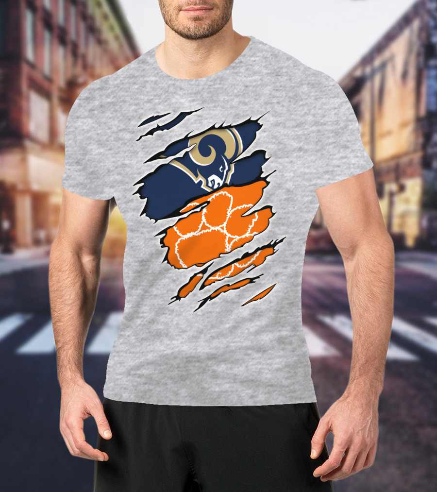 Clemson Tiger Paw With Rams Horns Logo Combo T-Shirt
