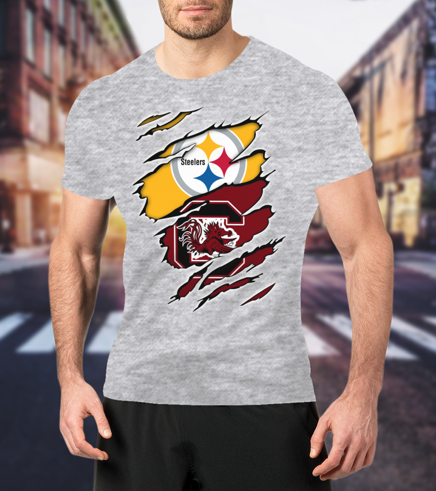 Steelers Gamecocks Logo Mashup With Scratch Marks T-Shirt