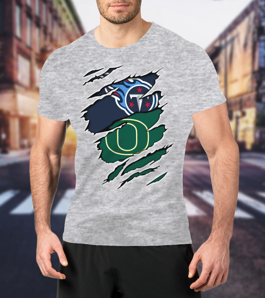 Tennessee Titans And Oregon Ducks Ripped Logo Claw Marks T-Shirt