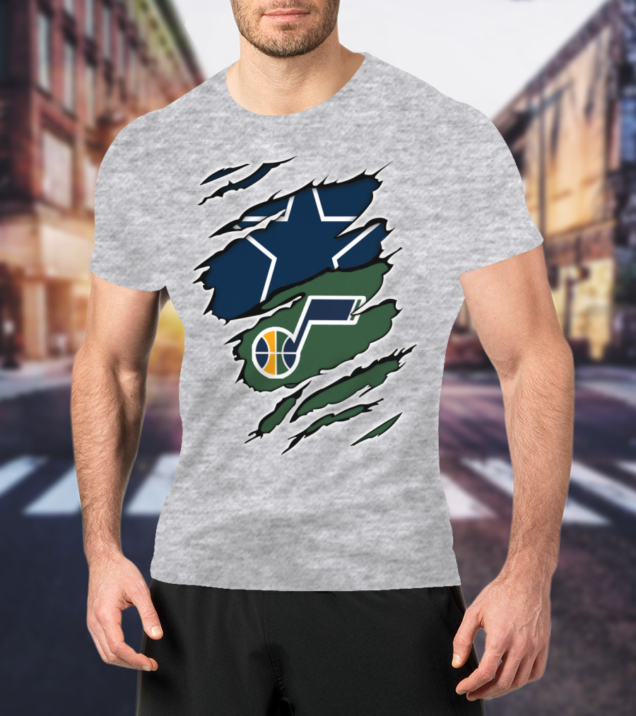 Cowboys Utah Jazz Crossover Logo Football Basketball Fan Combo T-Shirt