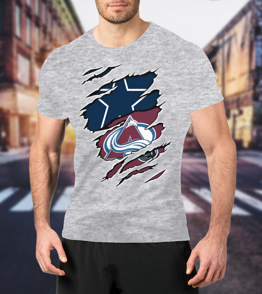 Cowboys And Avalanche Logos Combined Through Torn Fabric T-Shirt