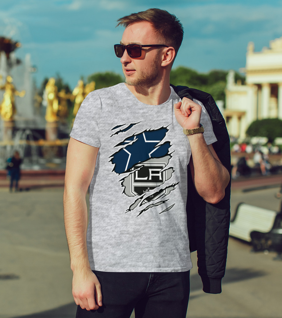 Cowboys Kings LA Logos Behind Torned Blue Star T-Shirt