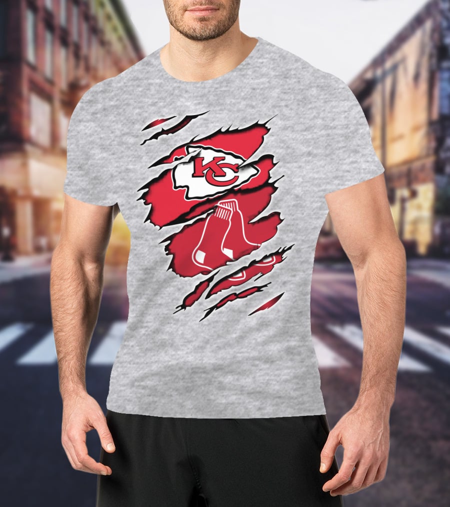 Chiefs Redsox KC Logo And Sox Emblem Torn T-Shirt