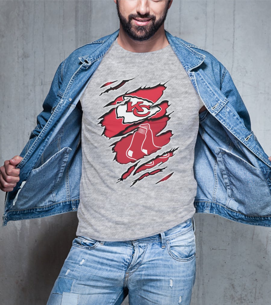 Chiefs Redsox KC Logo And Sox Emblem Torn T-Shirt
