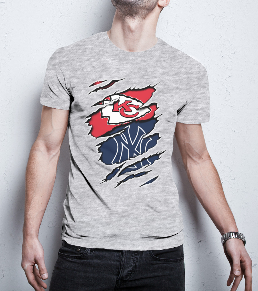 Chiefs Yankees KC NY Hybrid Logo Ripped T-Shirt