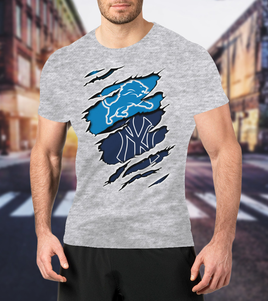 Detroit Lions And New York Yankees Ripped Claw T-Shirt
