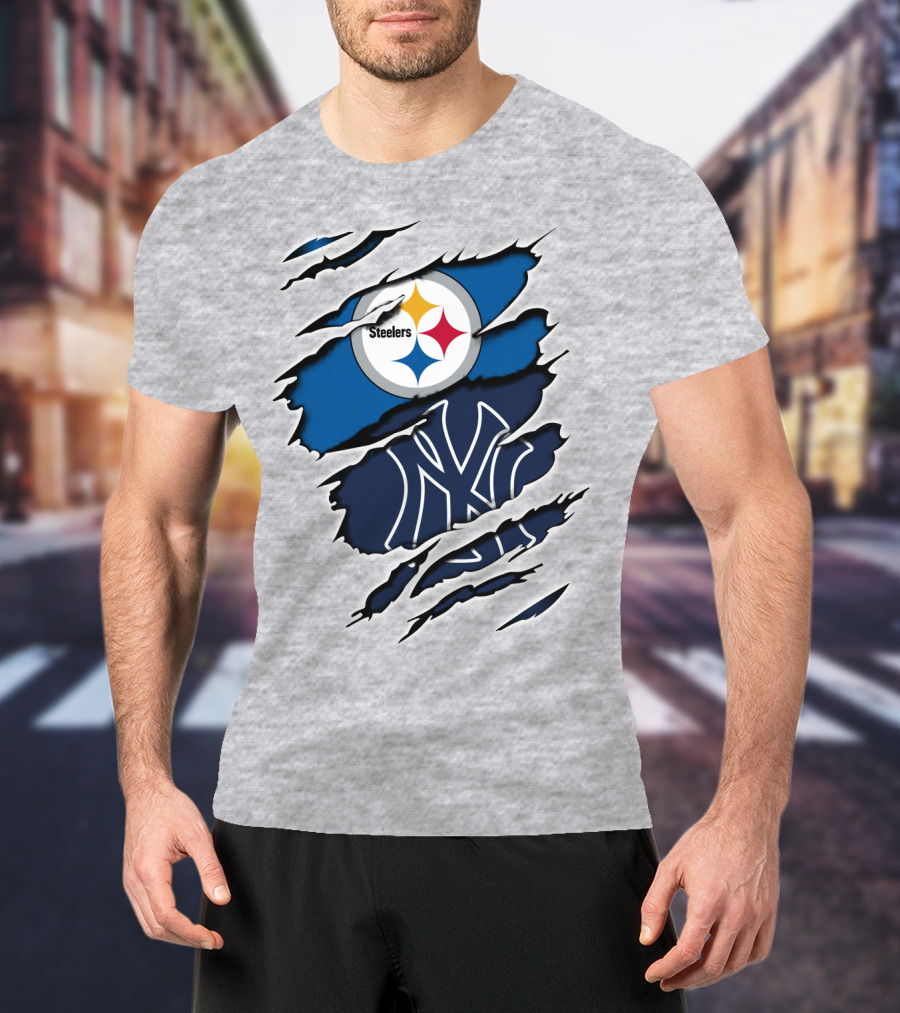 Steelers Yankees Logo Fusion Ripped Effect T-Shirt