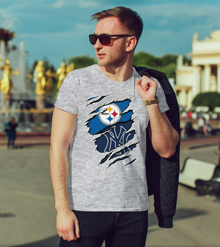 Steelers Yankees Logo Fusion Ripped Effect T-Shirt