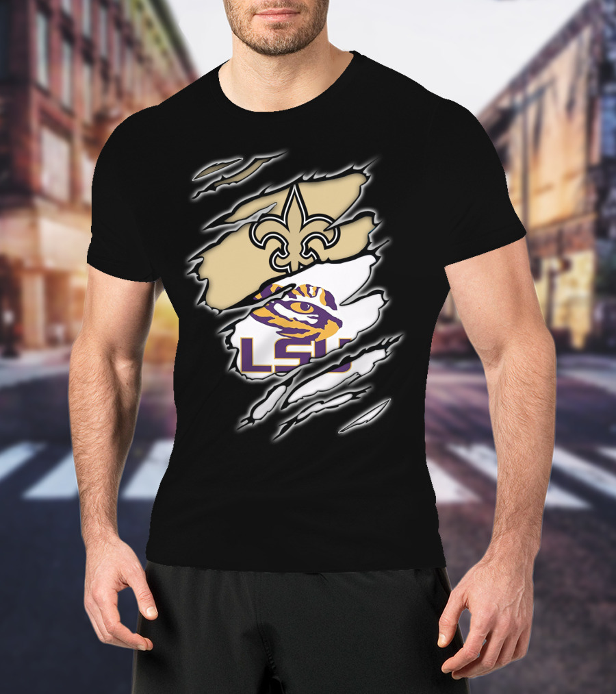 Saints Fleur-de-Lis And LSU Tigers Eye Logo Integration T-Shirt