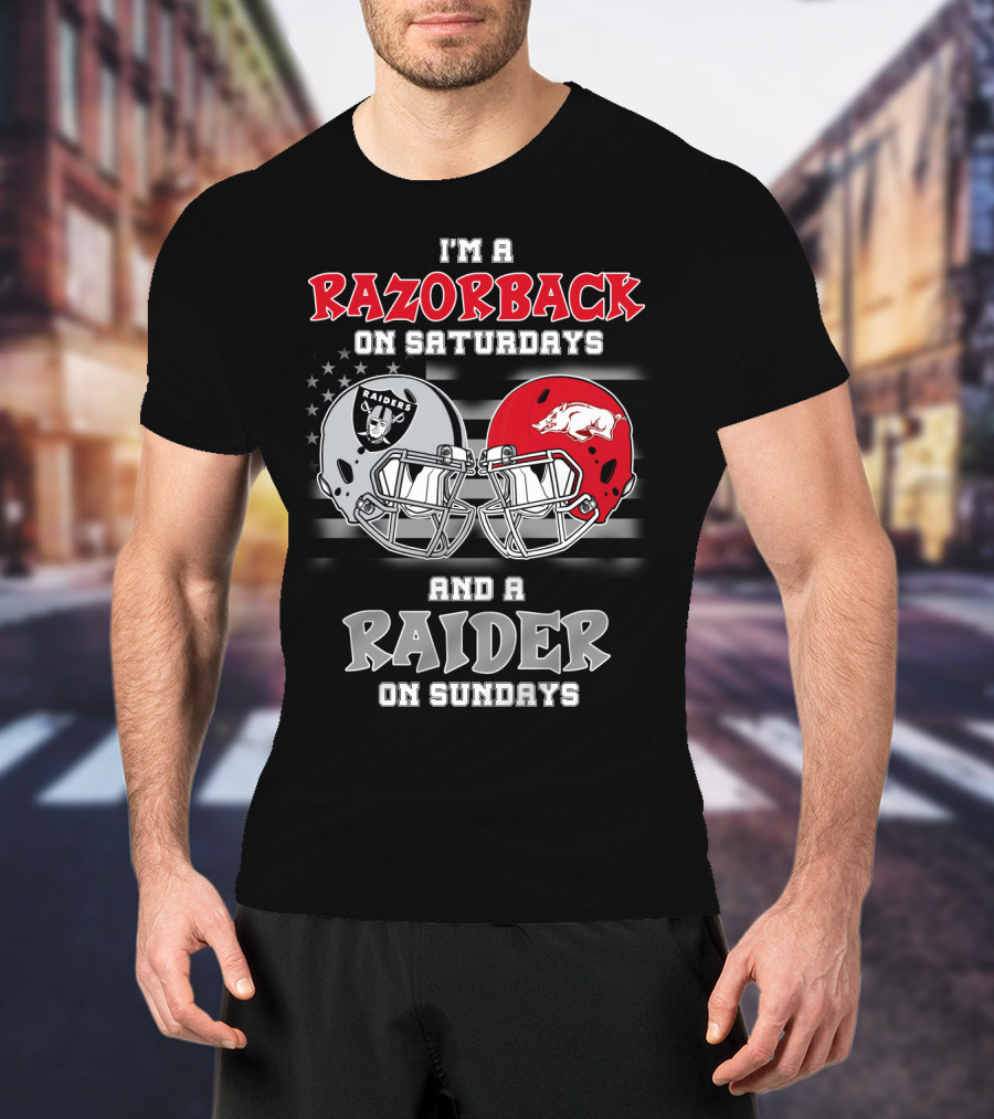 I'm A Razorback On Saturdays And A Raider On Sundays Razorbacks Raiders Helmet T-Shirt