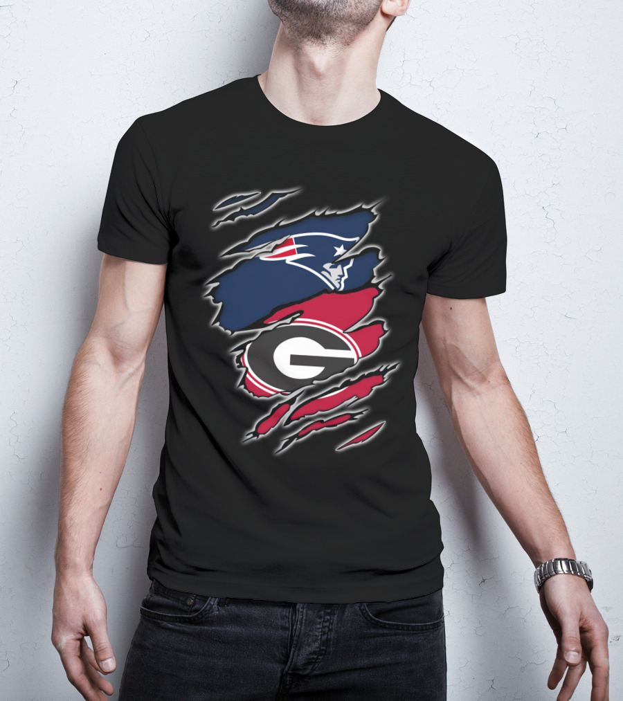 Patriots And Georgia Bulldogs Team Logos Ripped T-Shirt