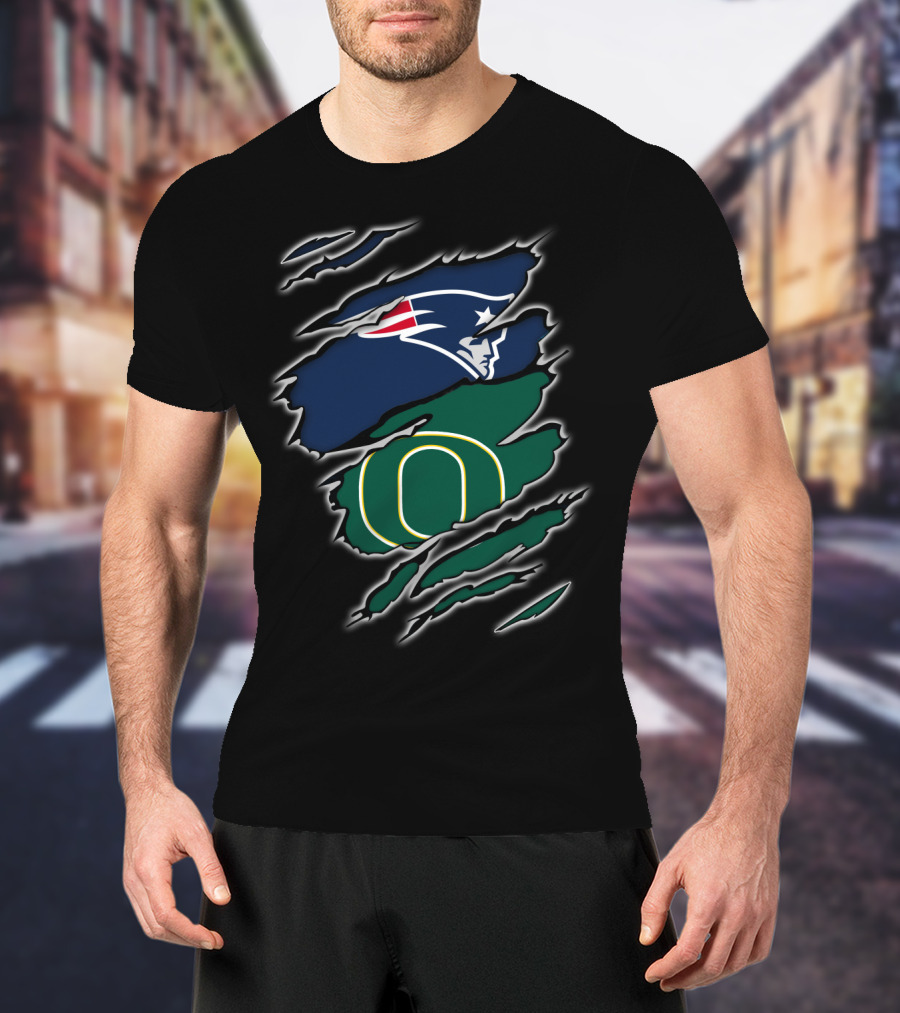 New England Patriots And Oregon Ducks Logos Torn Claw Marks Display T-Shirt