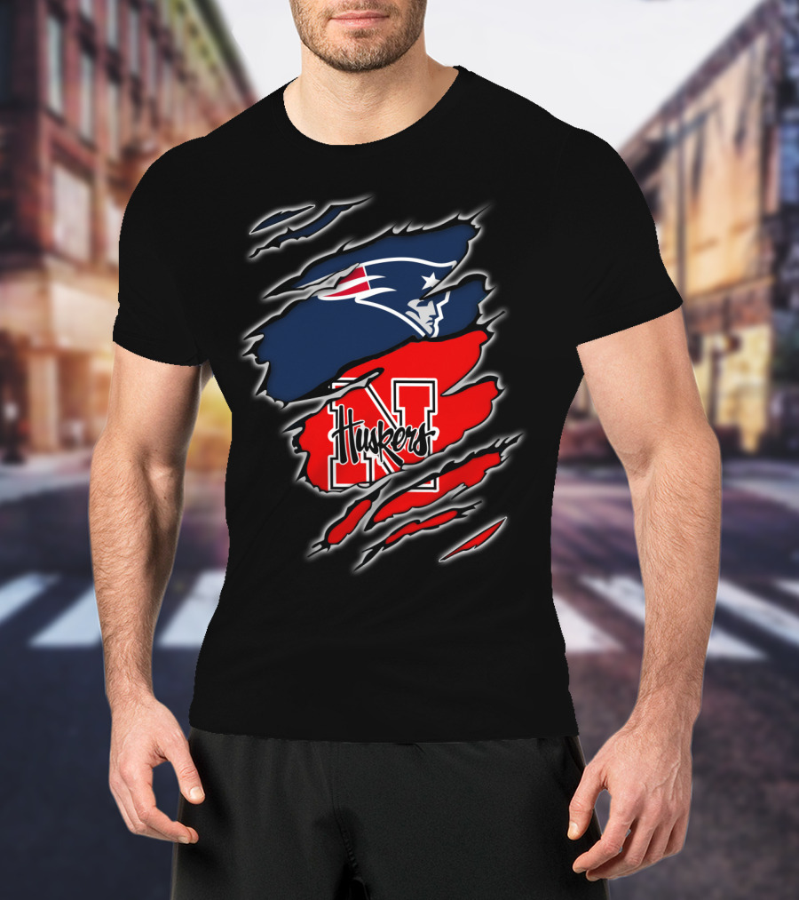 Patriots Logo With Huskers Nebraska N And Huskers Text In Torn T-Shirt
