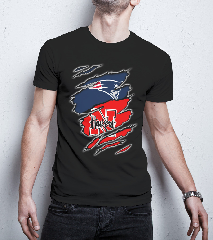 Patriots Logo With Huskers Nebraska N And Huskers Text In Torn T-Shirt