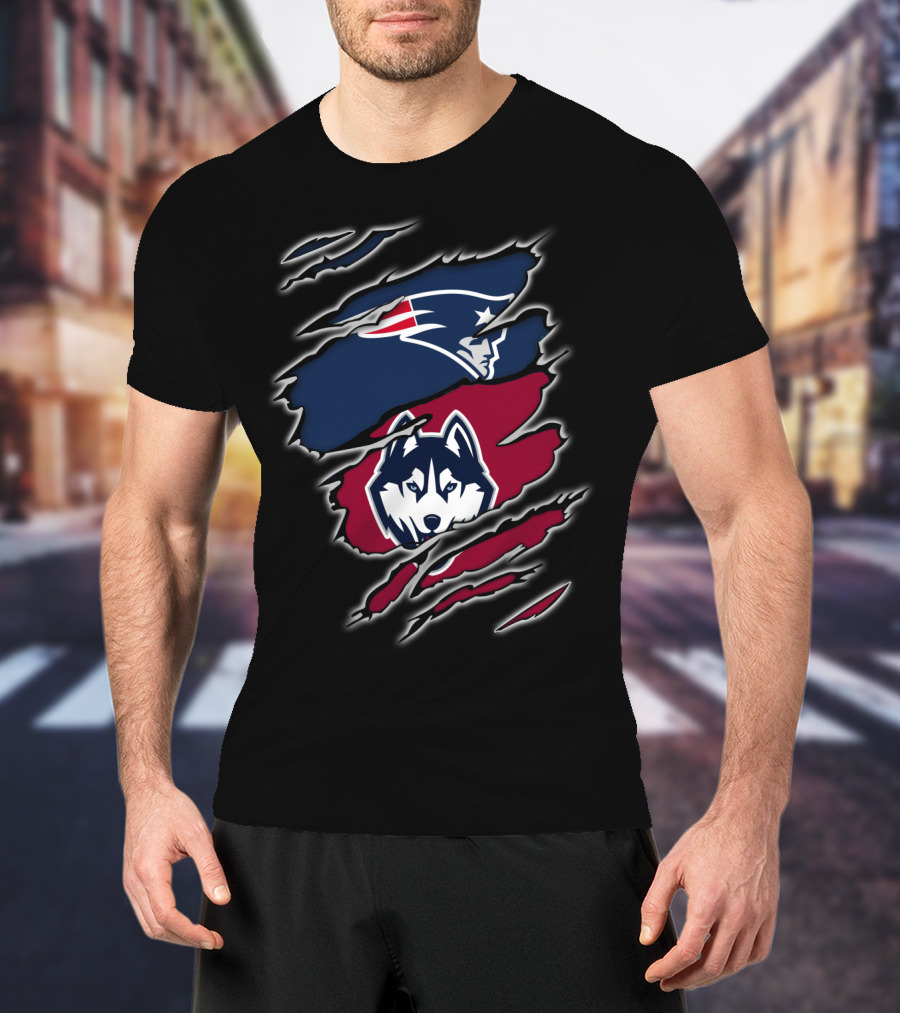 Patriots And Huskies Fused Logo Claw Slashes T-Shirt