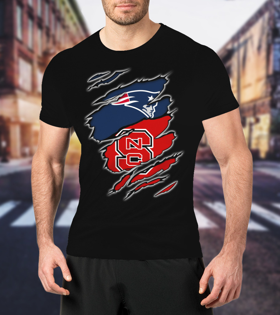 Ripped Design Featuring Patriots Logo And NC State Wolfpack T-Shirt