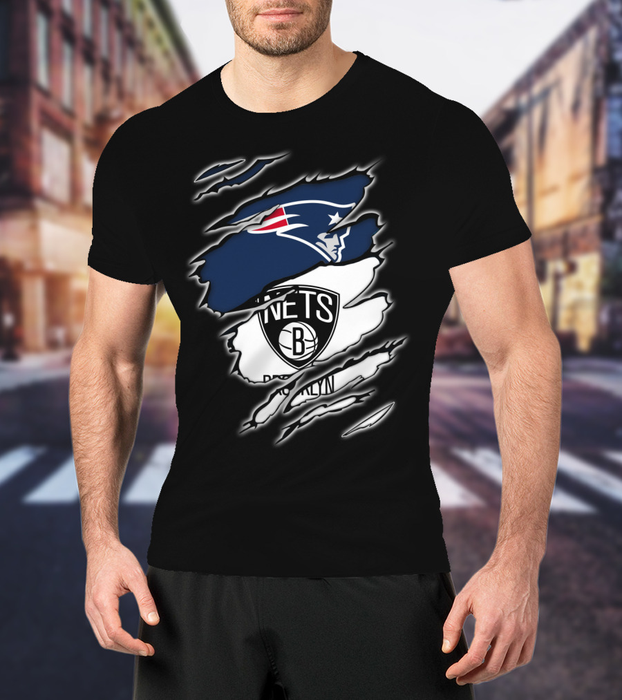 New England Patriots And Brooklyn Nets Ripped T-Shirt