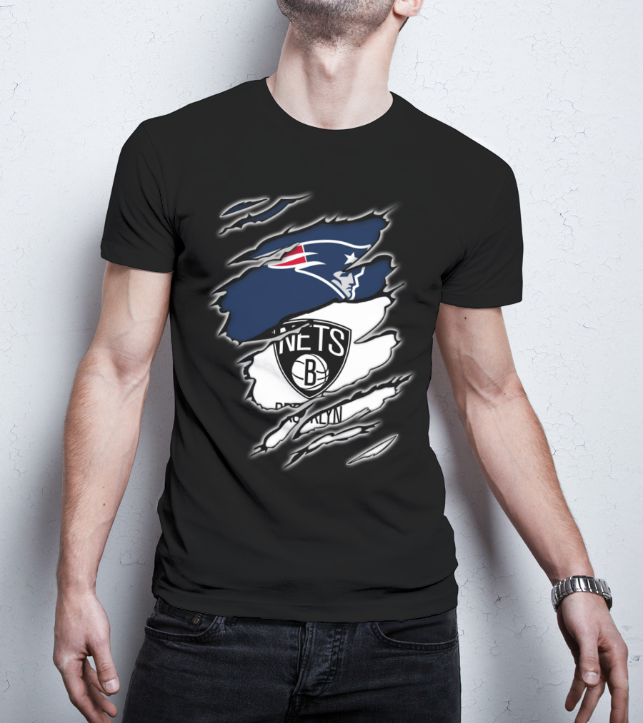 New England Patriots And Brooklyn Nets Ripped T-Shirt