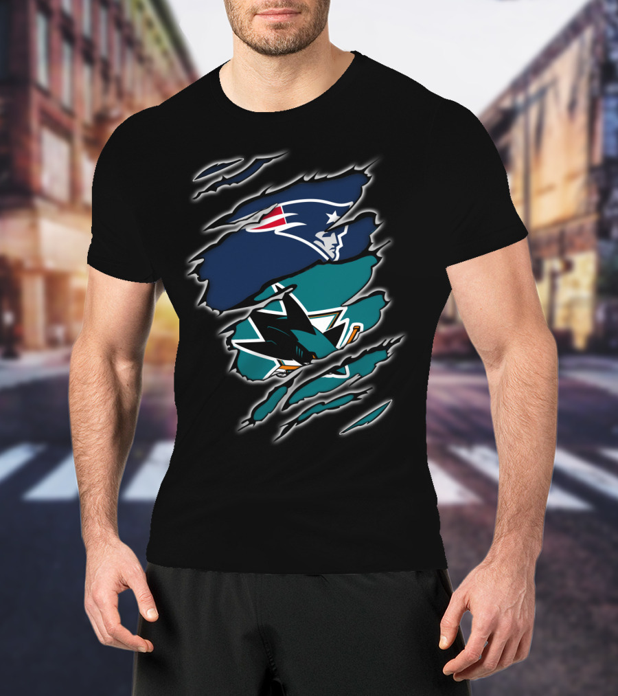 Patriots And Sharks Logos Inside Claw Marks T-Shirt