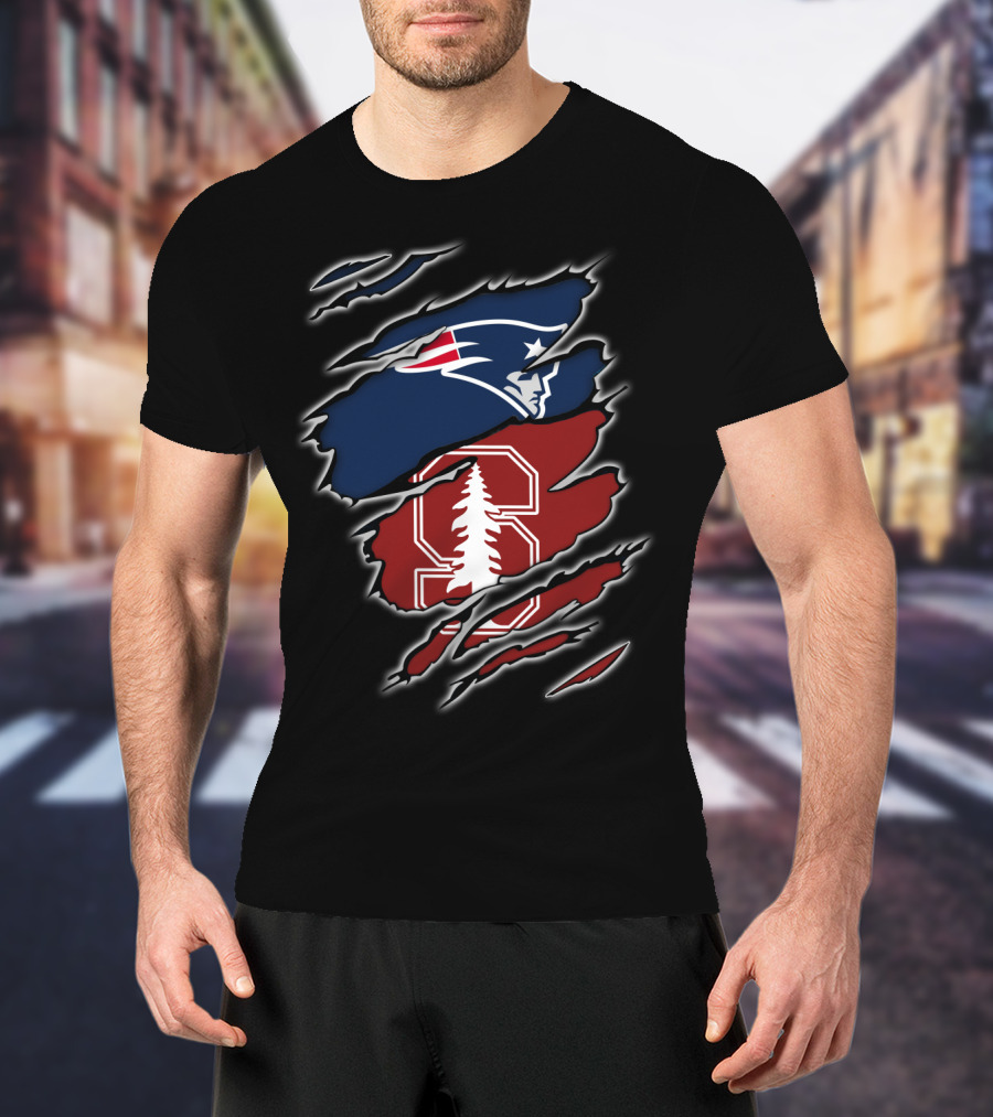 New England Patriots And Stanford Cardinal Logos In Torn T-Shirt