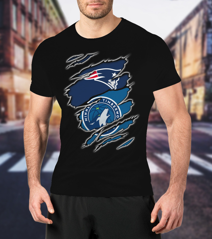 New England Patriots And Minnesota Timberwolves Logos Claw Rip T-Shirt