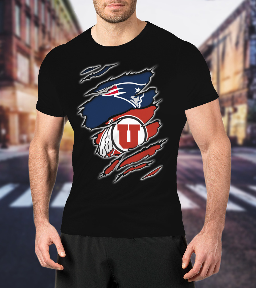 New England Patriots And Utah Utes Torn Ripped Combo T-Shirt