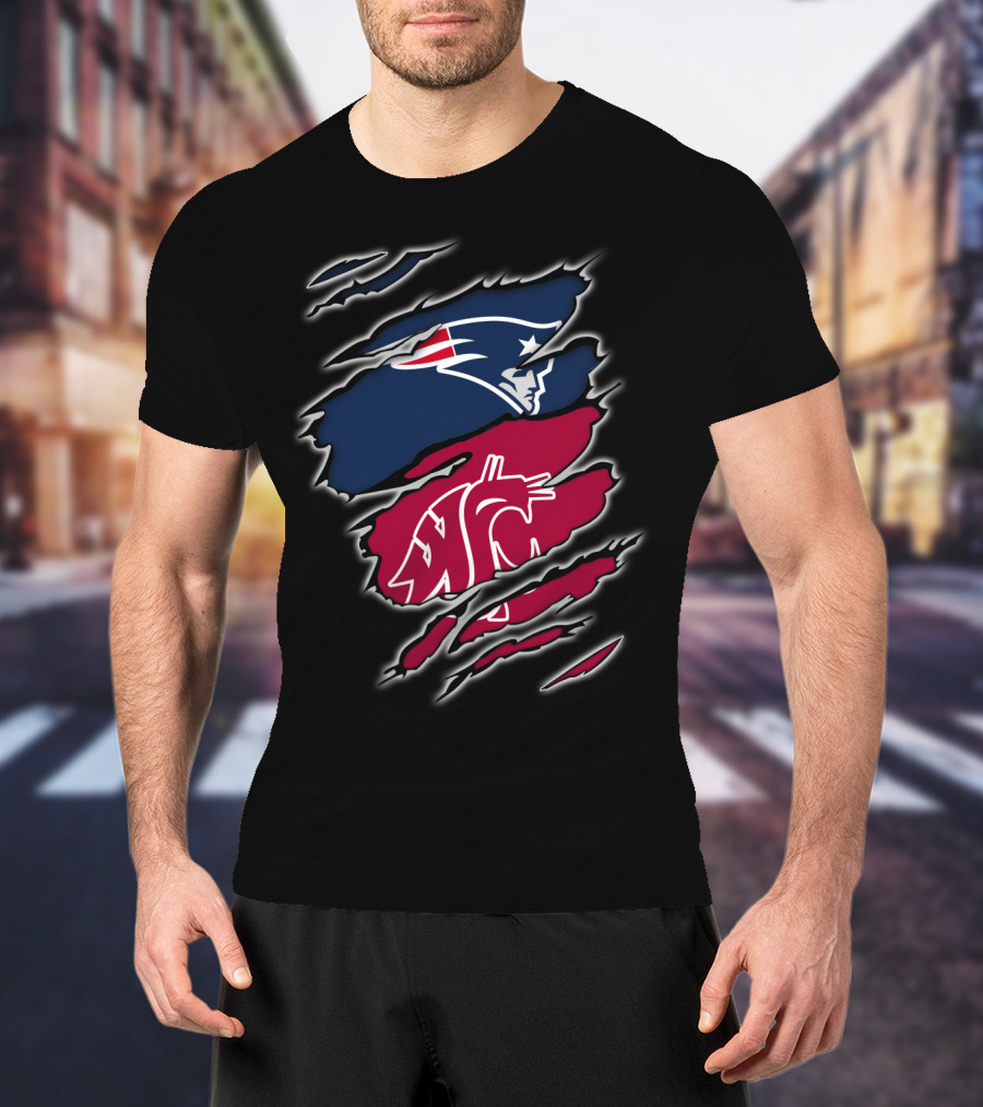 Patriots New England And Washington State Cougars Logos Torn T-Shirt