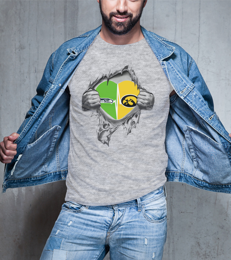 Hawkeyes Seahawks Heart Split Torn Grey Background T-Shirt