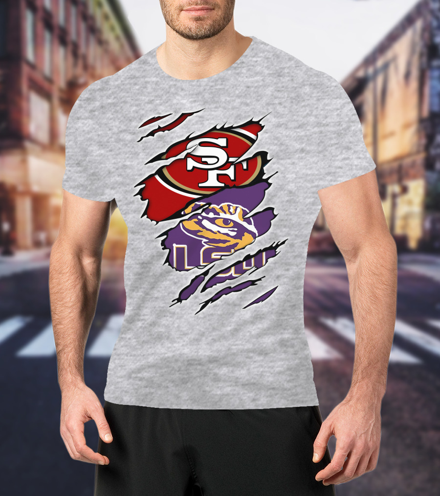 LSU Tigers And San Francisco 49ers Logos On Torn Background T-Shirt