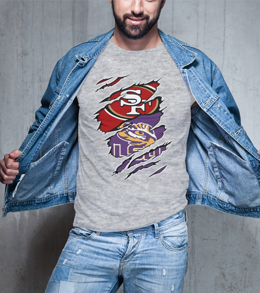 LSU Tigers And San Francisco 49ers Logos On Torn Background T-Shirt