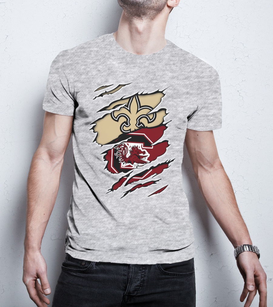 Saints Gamecocks Logo Crossover With Fleur-de-Lis And Fighting Rooster T-Shirt