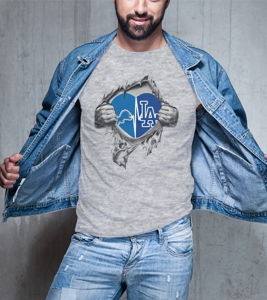 Detroit Lions And Los Angeles Dodgers Heartbeat Passion T-Shirt