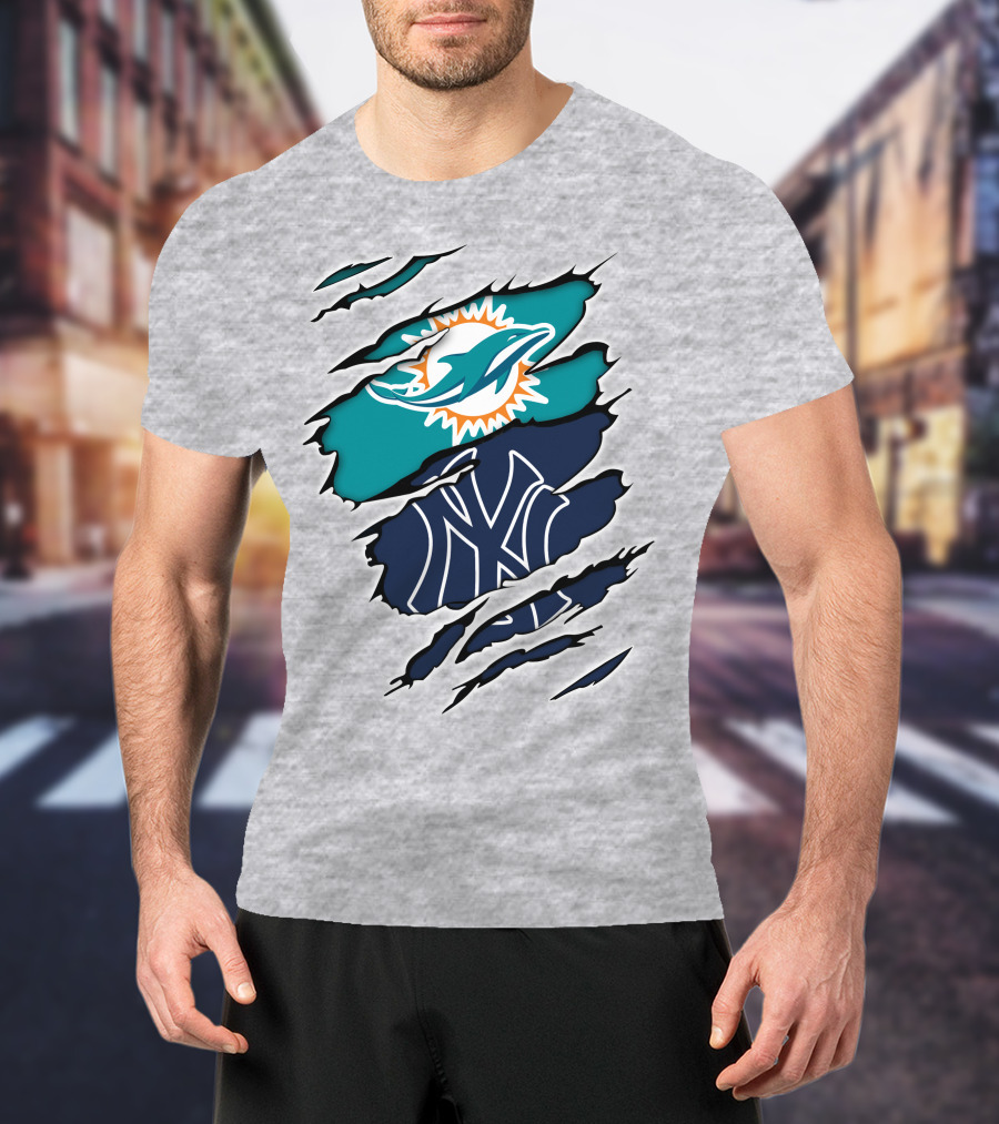 Miami Dolphins New York Yankees Logos Integration T-Shirt
