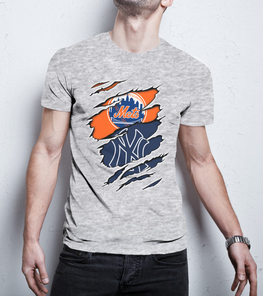 Mets Yankees Logo Tear Skyline Baseball Rivalry T-Shirt