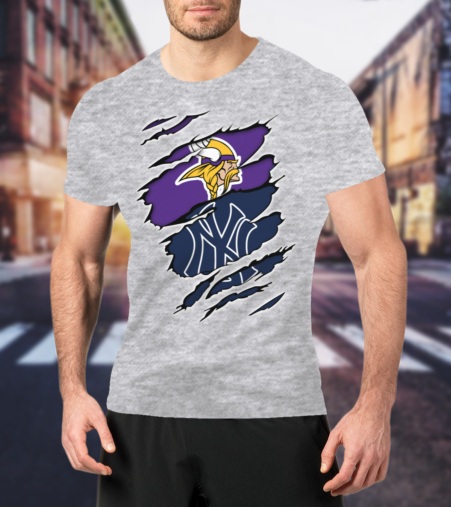 Vikings Yankees Logo Mashup Ripped Effect T-Shirt